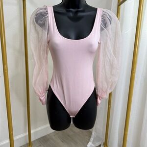 Alice + Olivia Light Pink Sheer Sleeve Bodysuit top